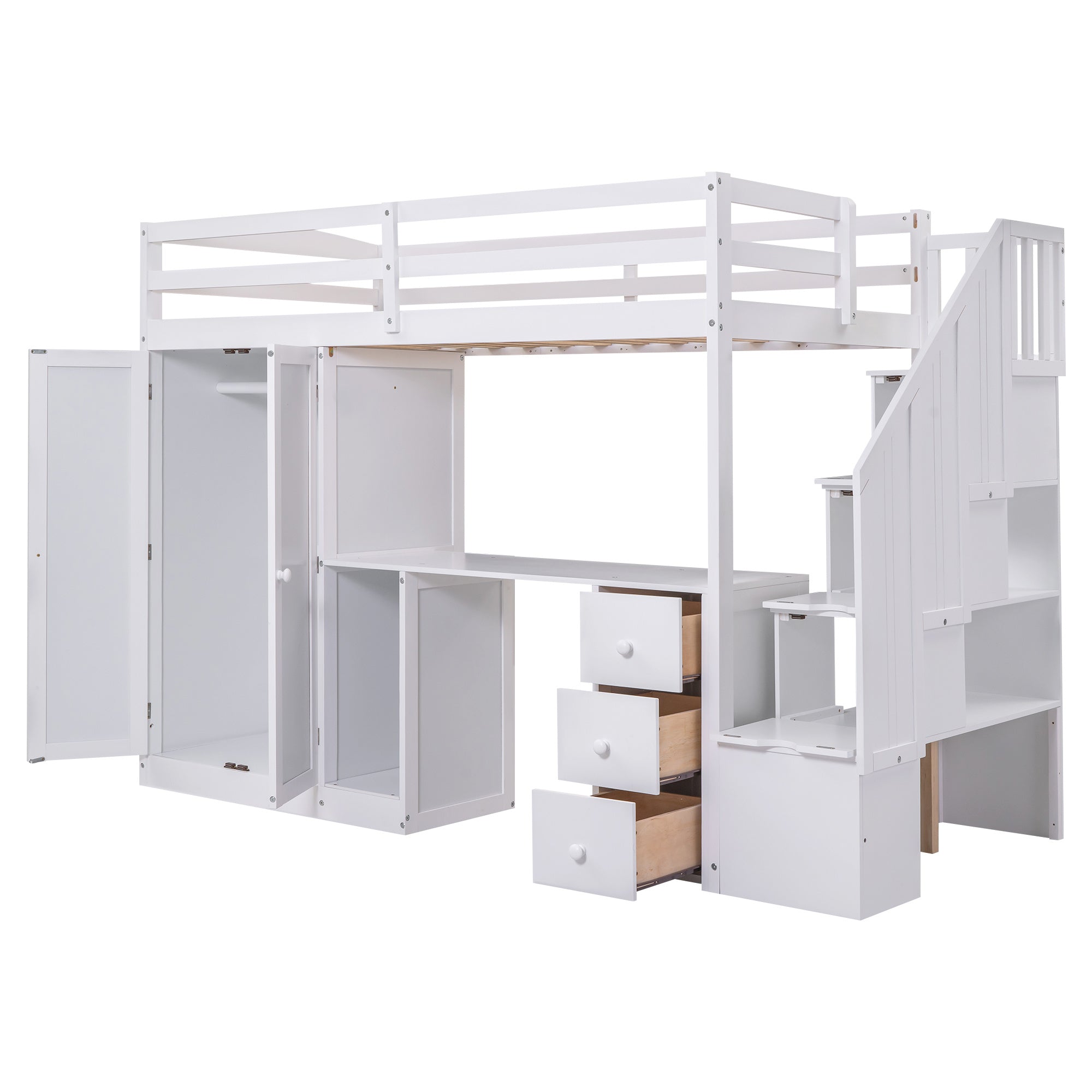 Twin Size Loft Bed with Wardrobe and Staircase;  Desk and Storage Drawers and Cabinet in 1