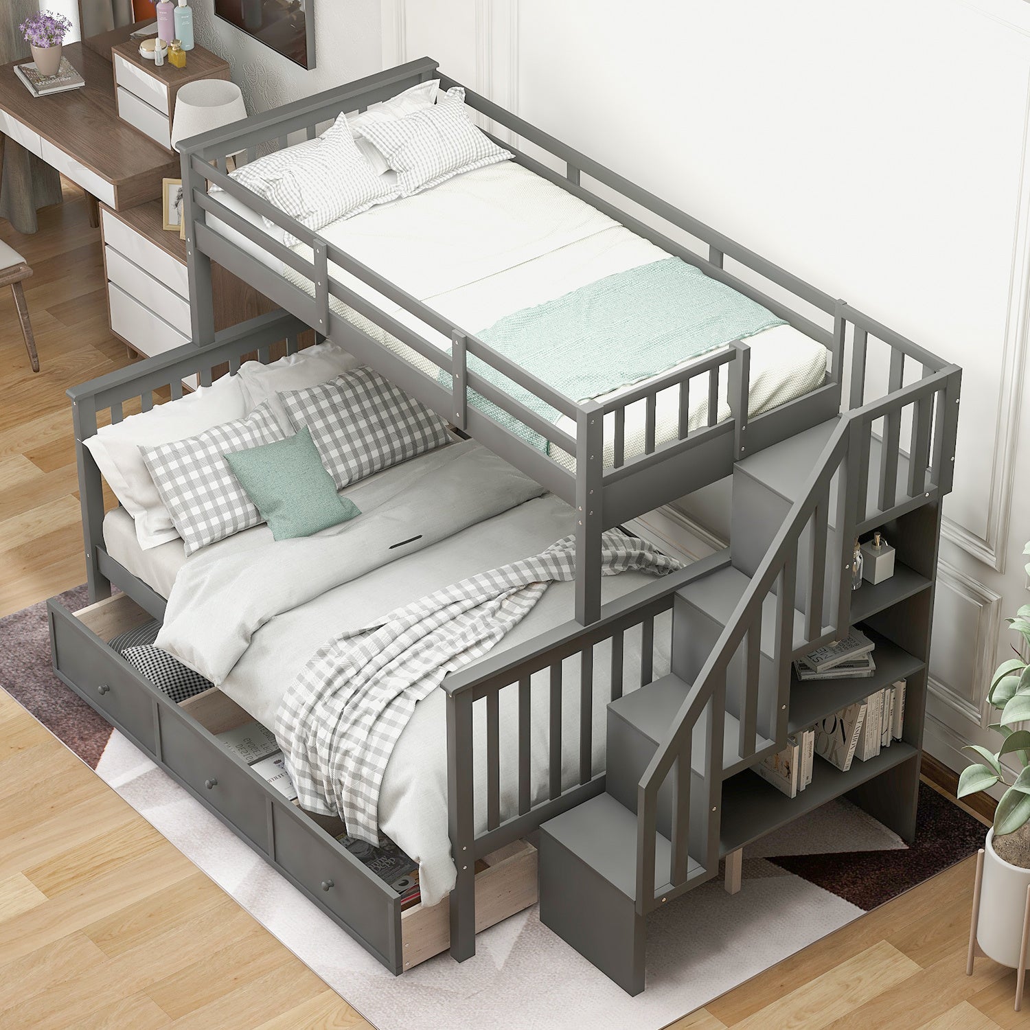 Stairway Twin-Over-Full Bunk Bed with Drawer;  Storage and Guard Rail for Bedroom;  Dorm;  for Adults