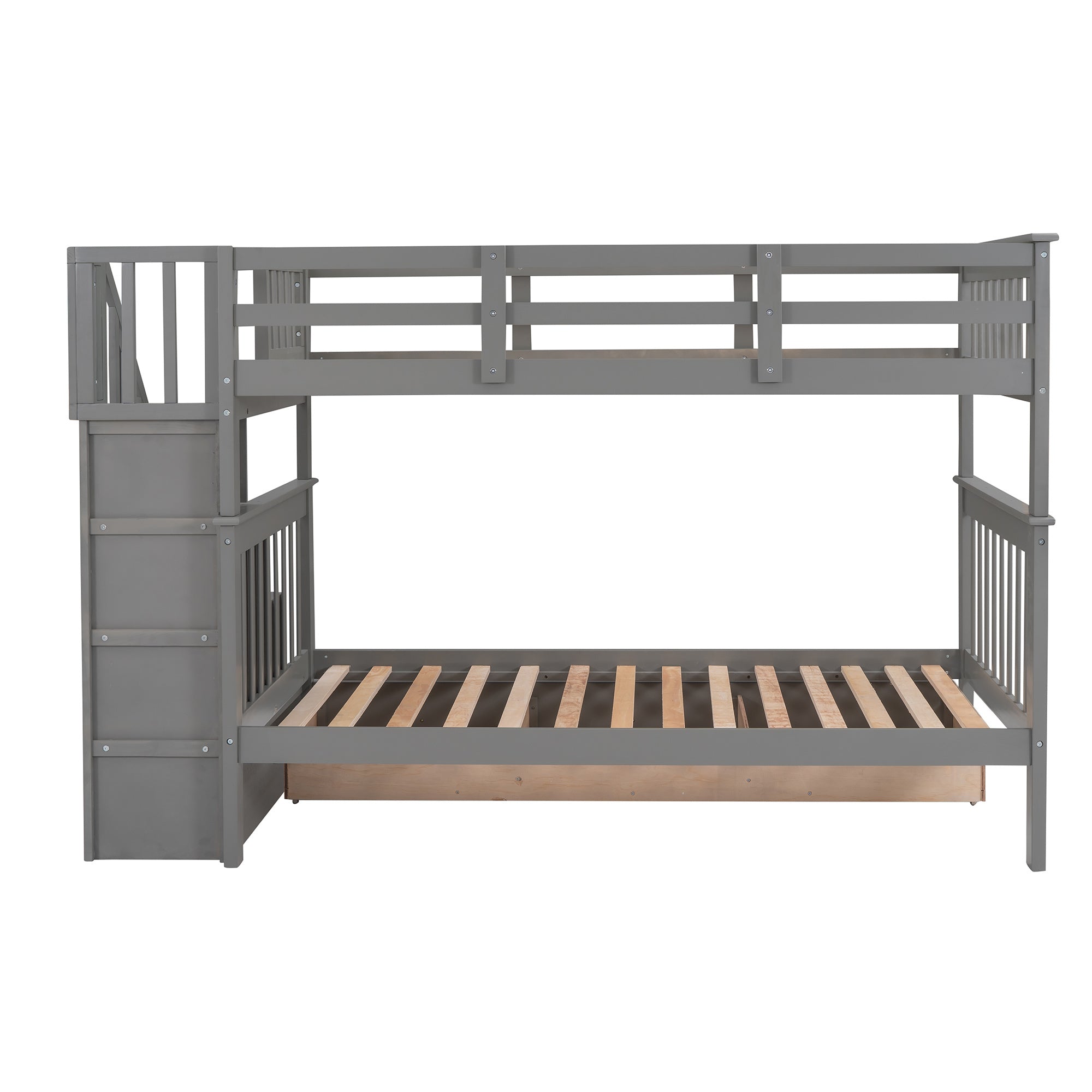 Stairway Twin-Over-Twin Bunk Bed with Three Drawers for Bedroom, Dorm - Gray