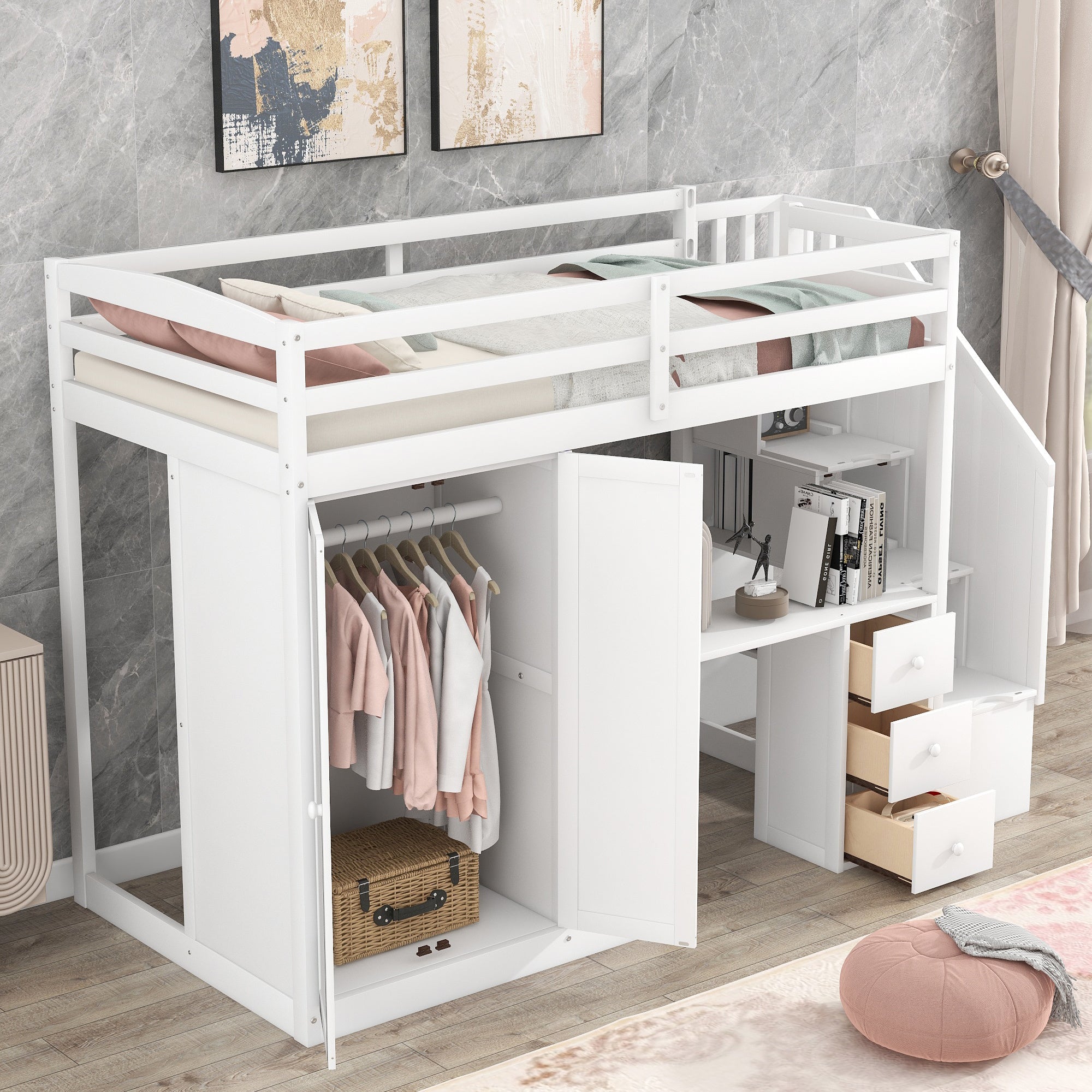 Twin Size Loft Bed with Wardrobe and Staircase;  Desk and Storage Drawers and Cabinet in 1