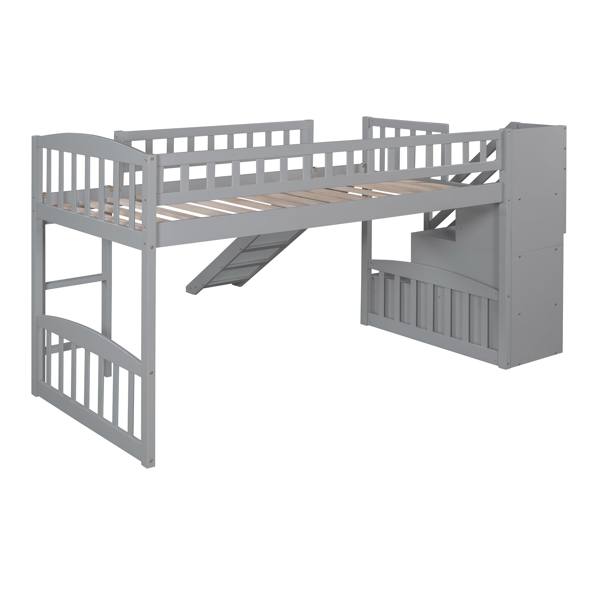 Stairway Twin Size Loft Bed with Two Drawers and Slide