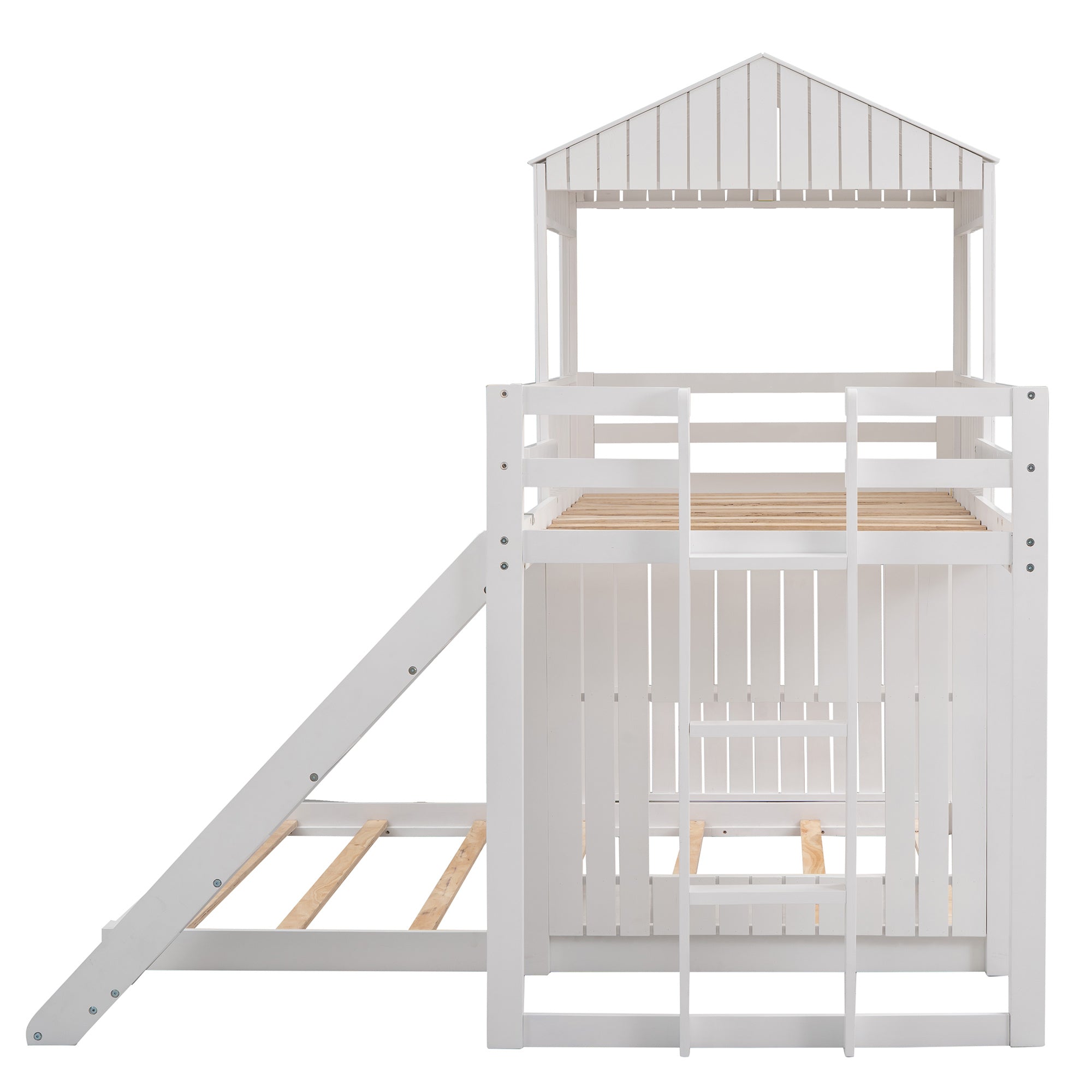 Wooden Twin Over Full Bunk Bed, Loft Bed with Playhouse, Farmhouse, Ladder, Slide and Guardrails