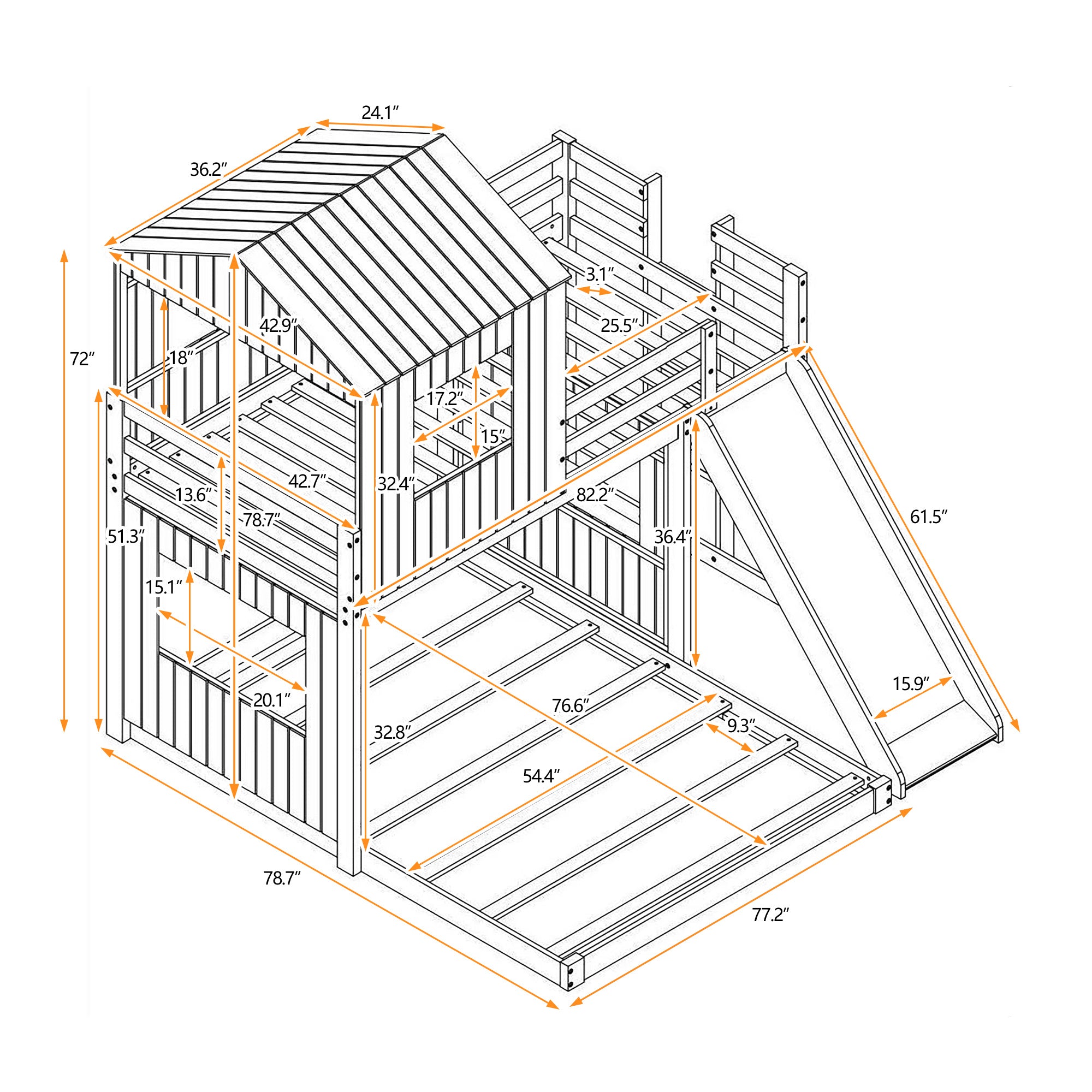 Wooden Twin Over Full Bunk Bed, Loft Bed with Playhouse, Farmhouse, Ladder, Slide and Guardrails