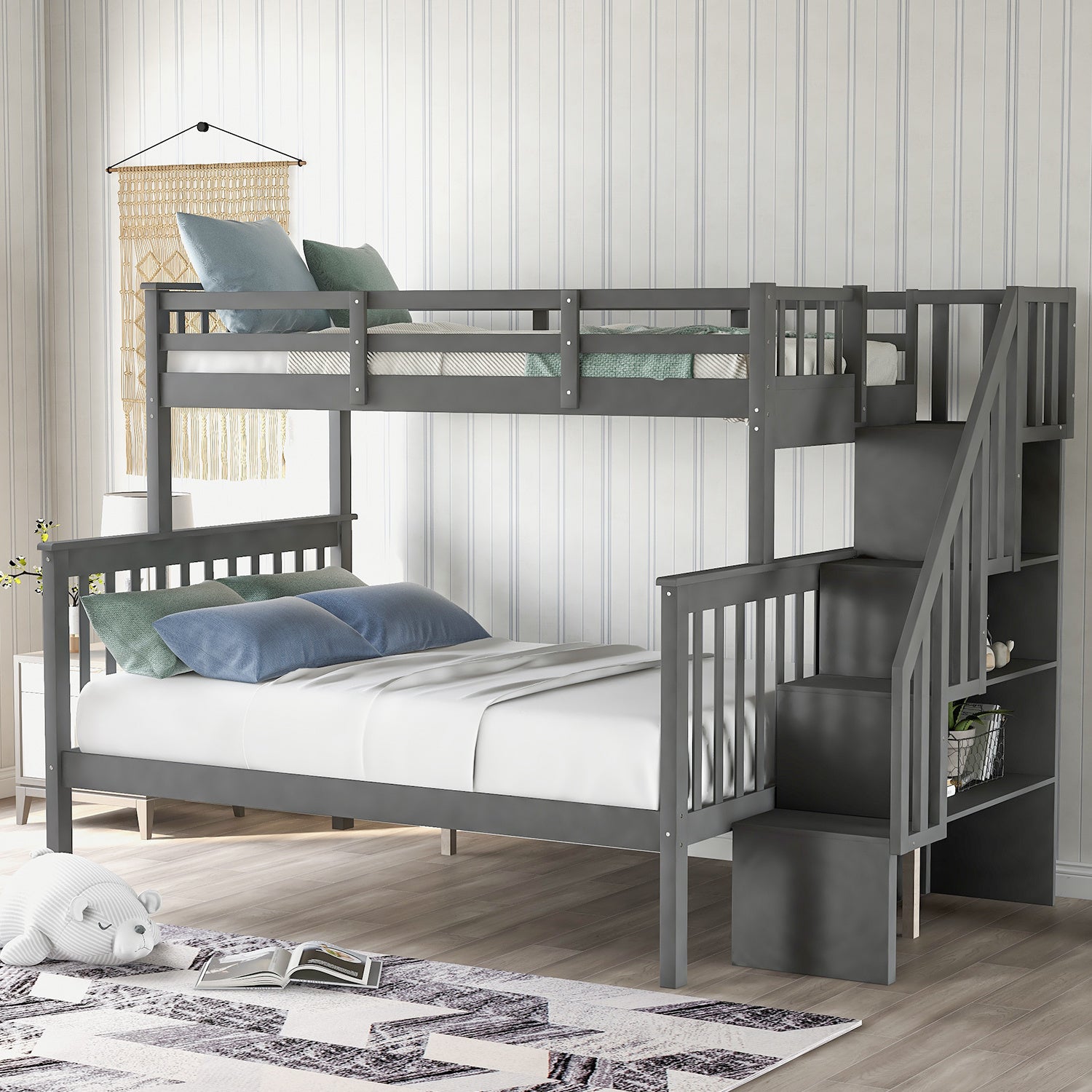 Stairway Twin-Over-Full Bunk Bed with Storage and Guard Rail for Bedroom