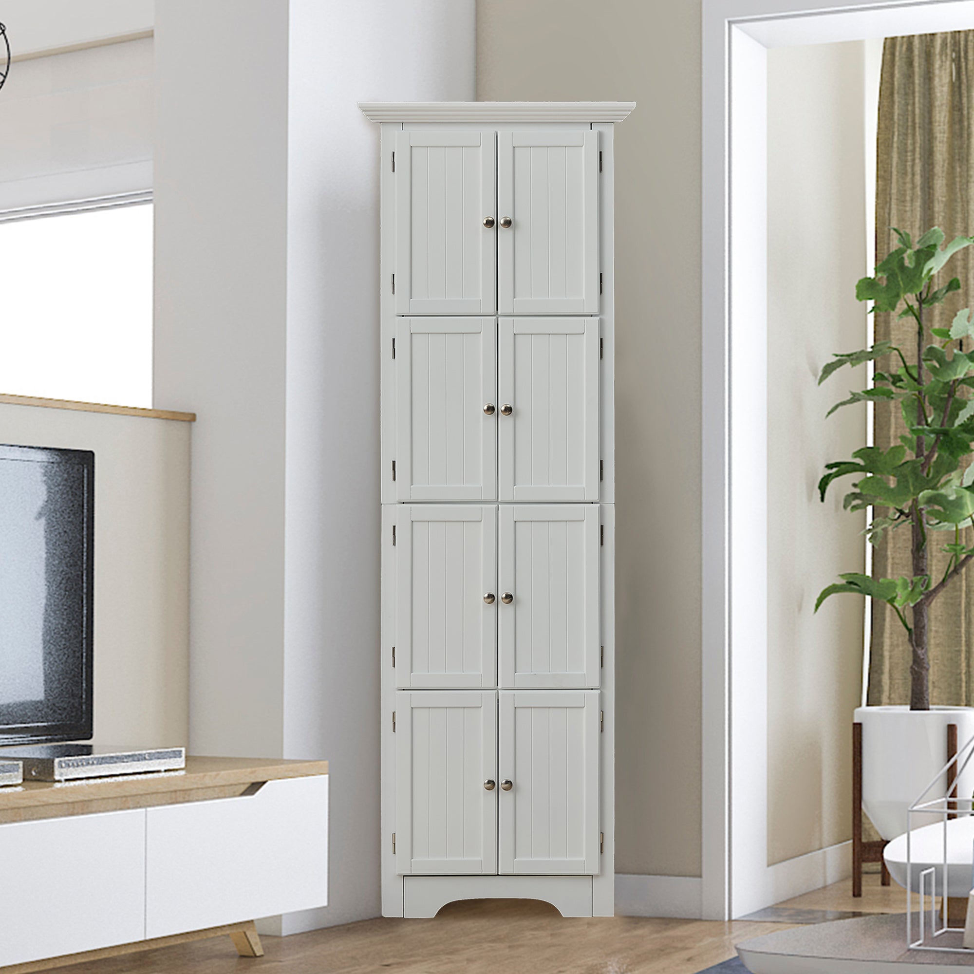 Tall Storage Cabinet with Doors and 4 Shelves for Living Room, Kitchen, Office, Bedroom, Bathroom, Modern, White