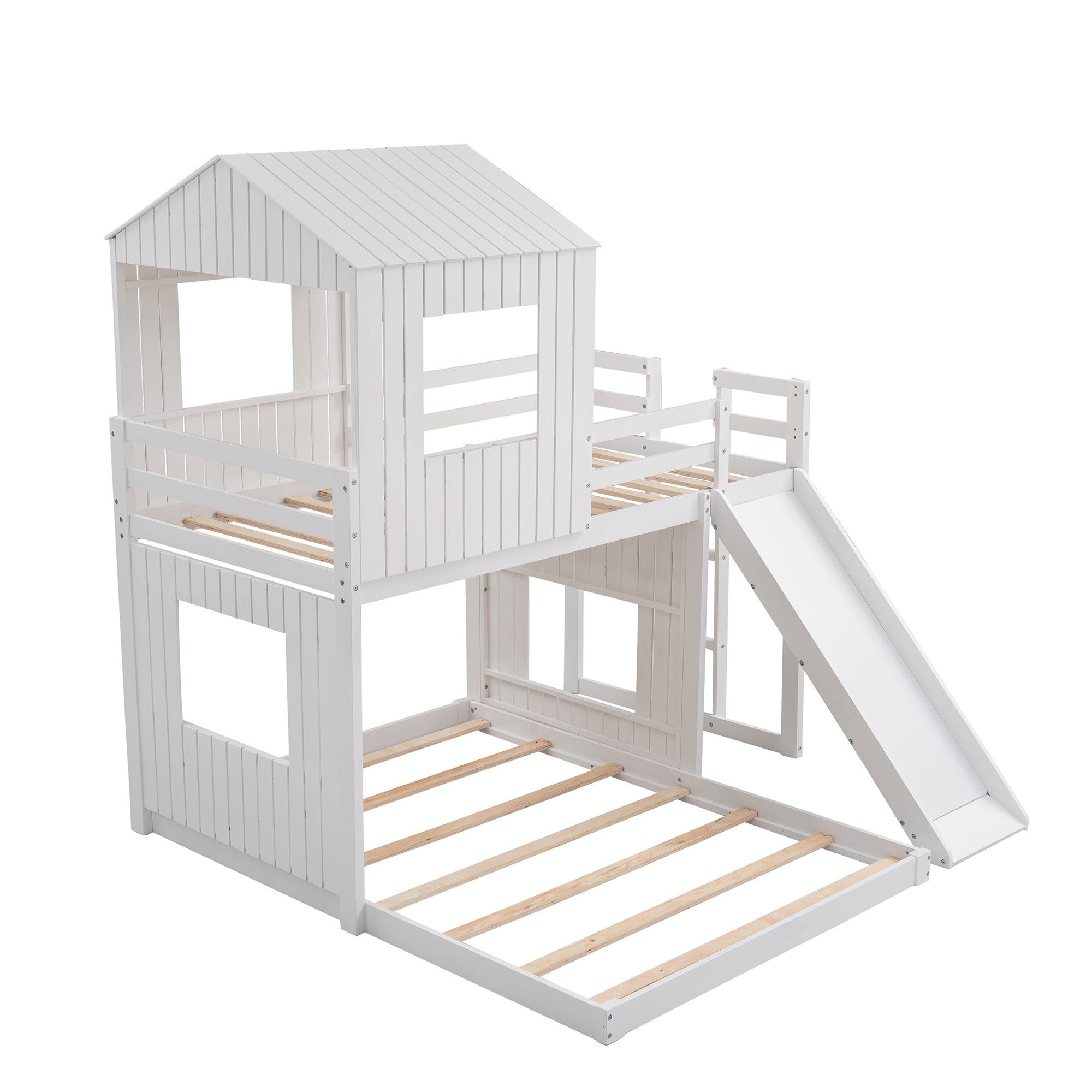 Wooden Twin Over Full Bunk Bed, Loft Bed with Playhouse, Farmhouse, Ladder, Slide and Guardrails