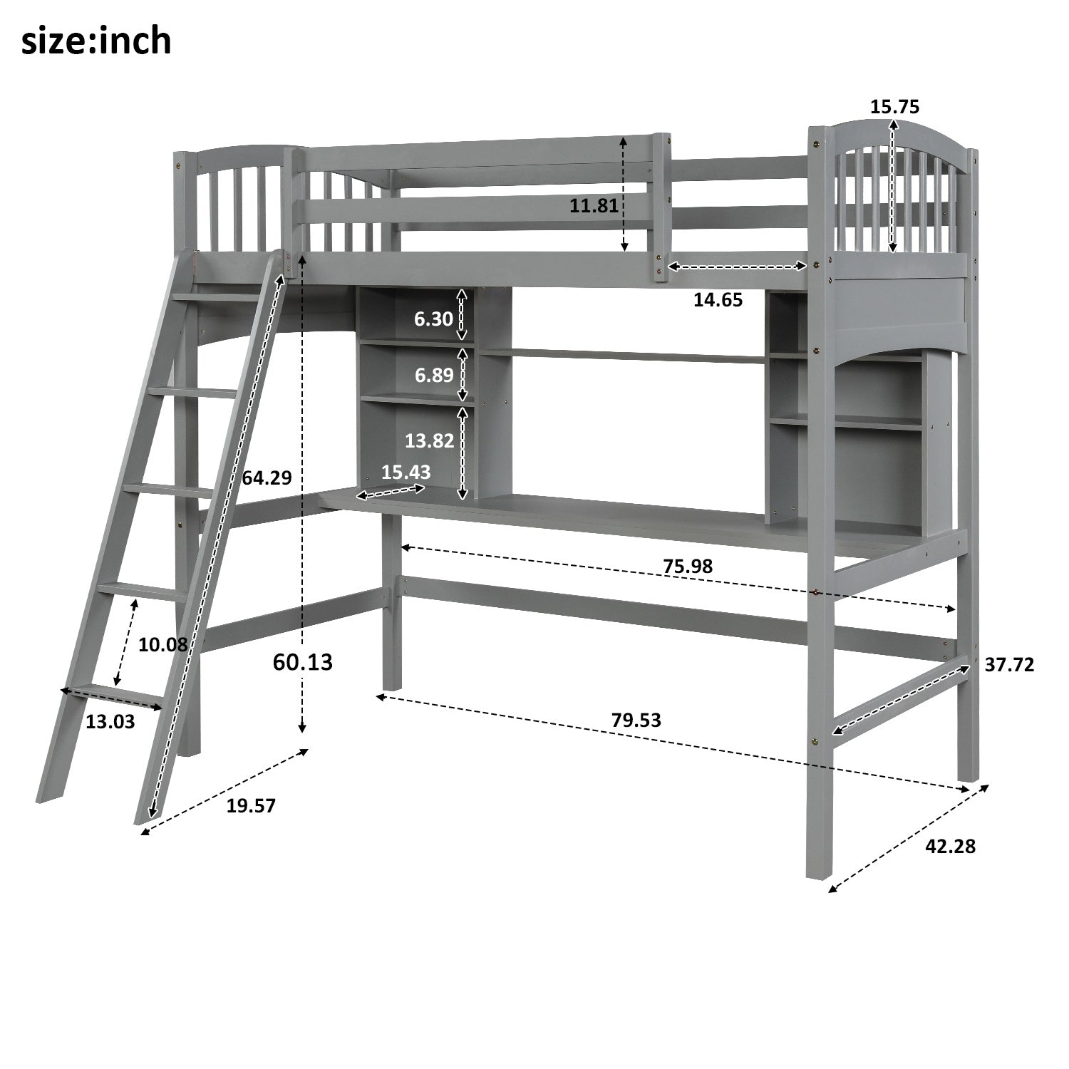 Twin size Loft Bed with Storage Shelves;  Desk and Ladder