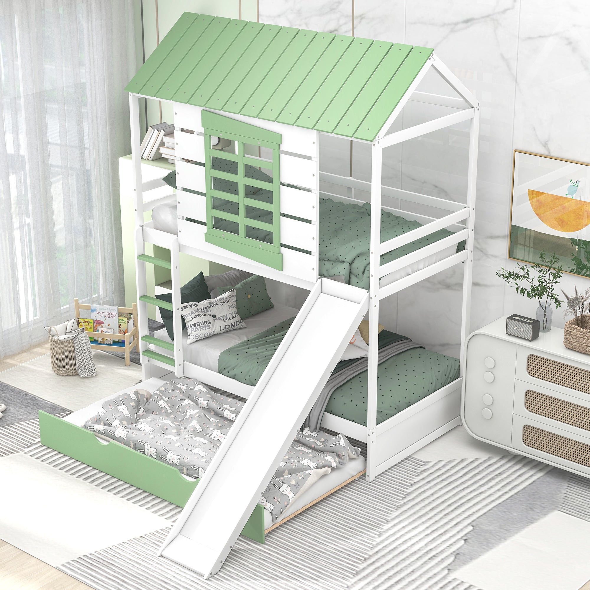 Twin over Twin Size House Bunk Bed with Convertible Slide and Trundle