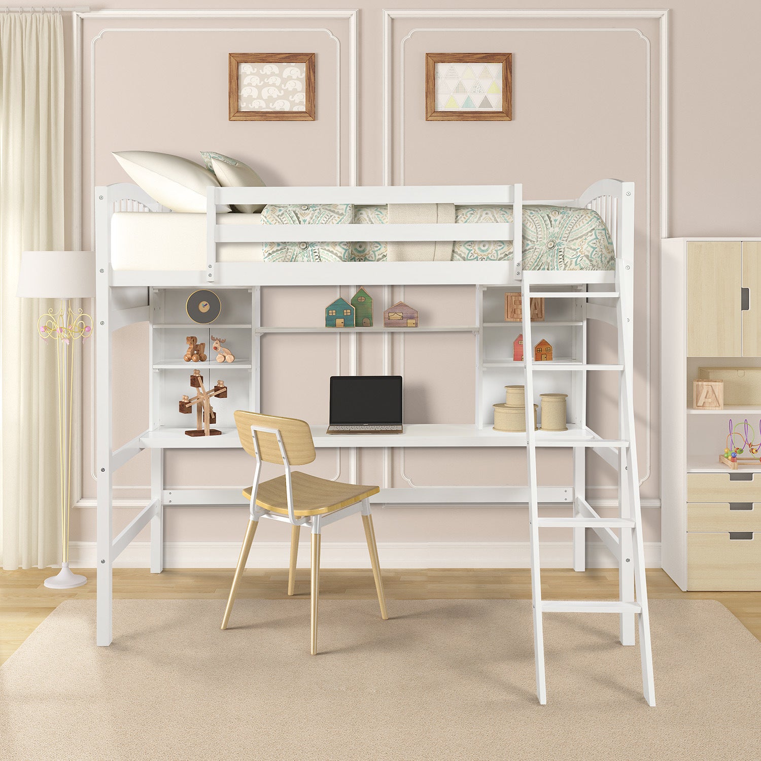 Twin size Loft Bed with Storage Shelves;  Desk and Ladder