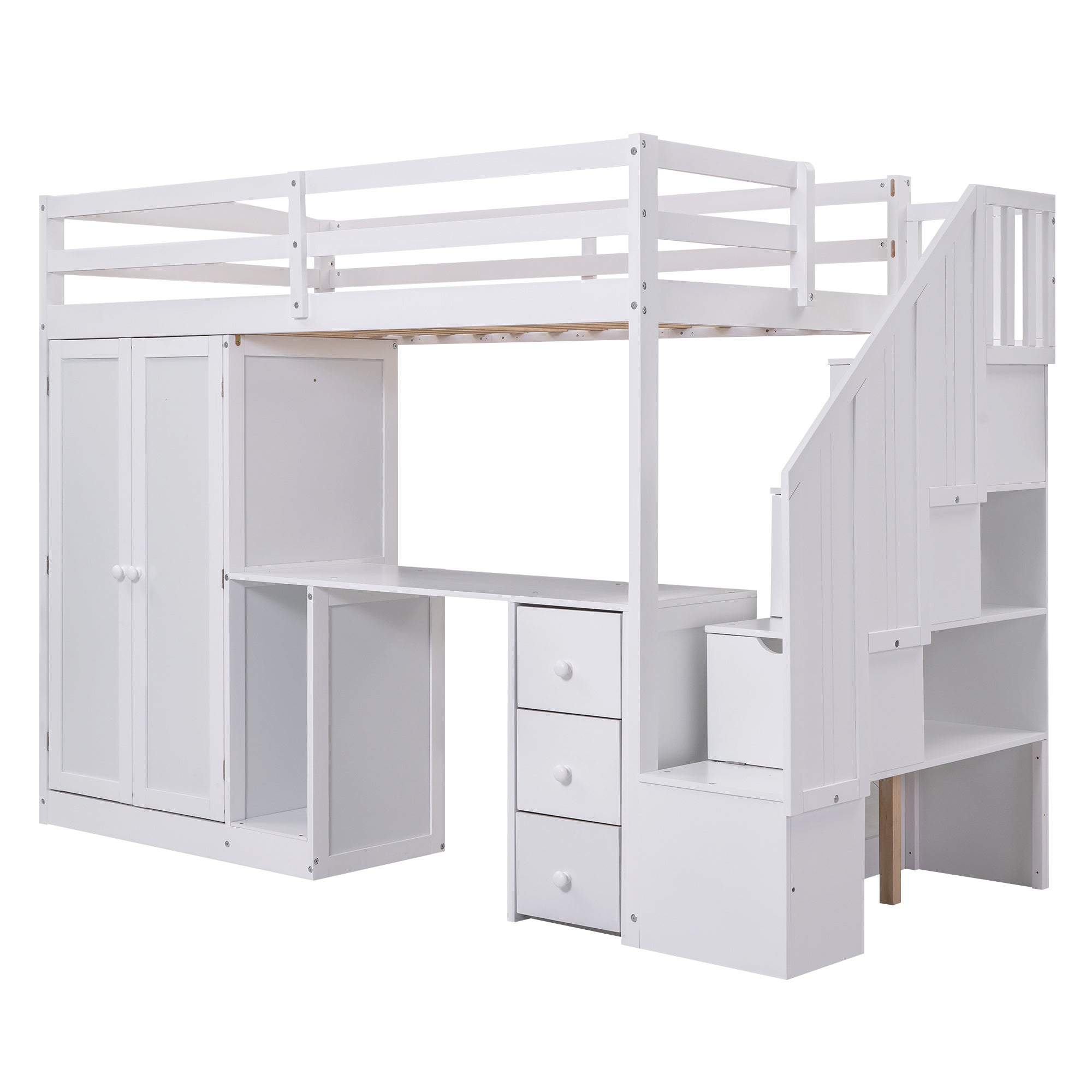 Twin Size Loft Bed with Wardrobe and Staircase;  Desk and Storage Drawers and Cabinet in 1