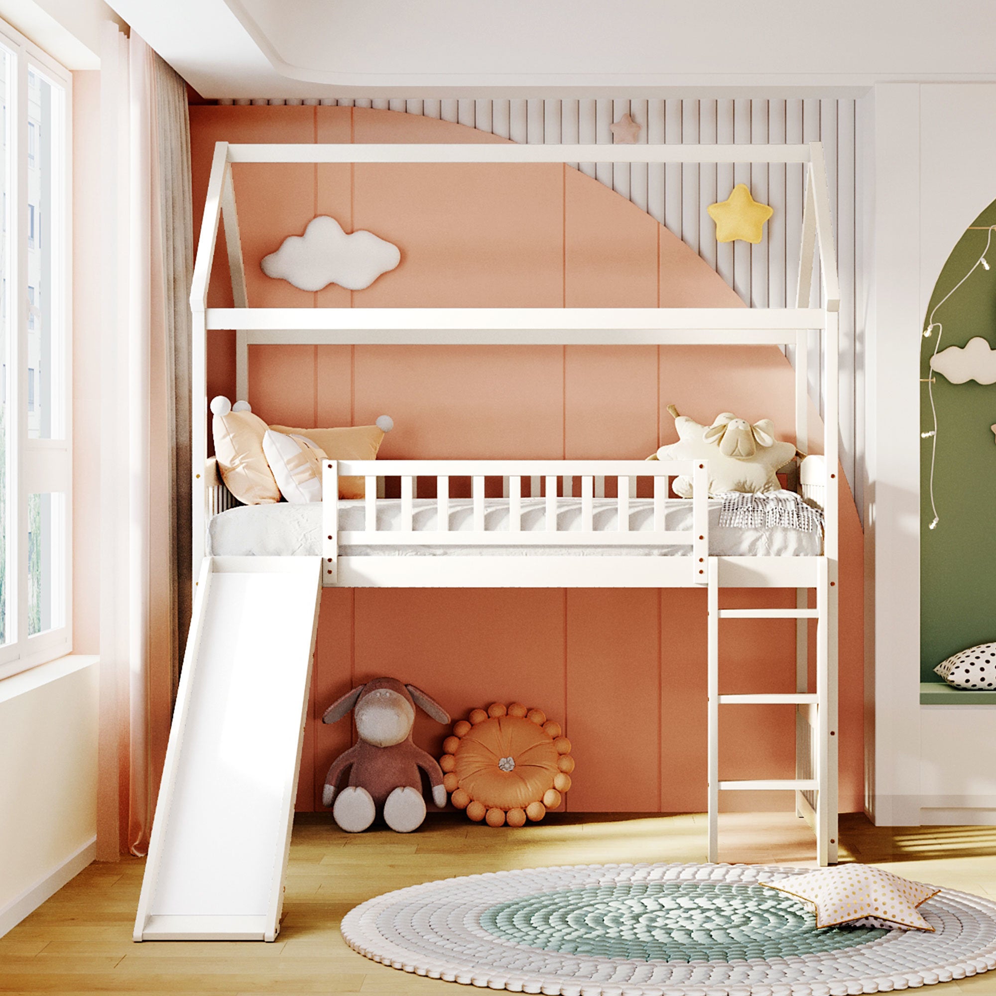 Twin Loft Bed with Slide;  House Bed with Slide