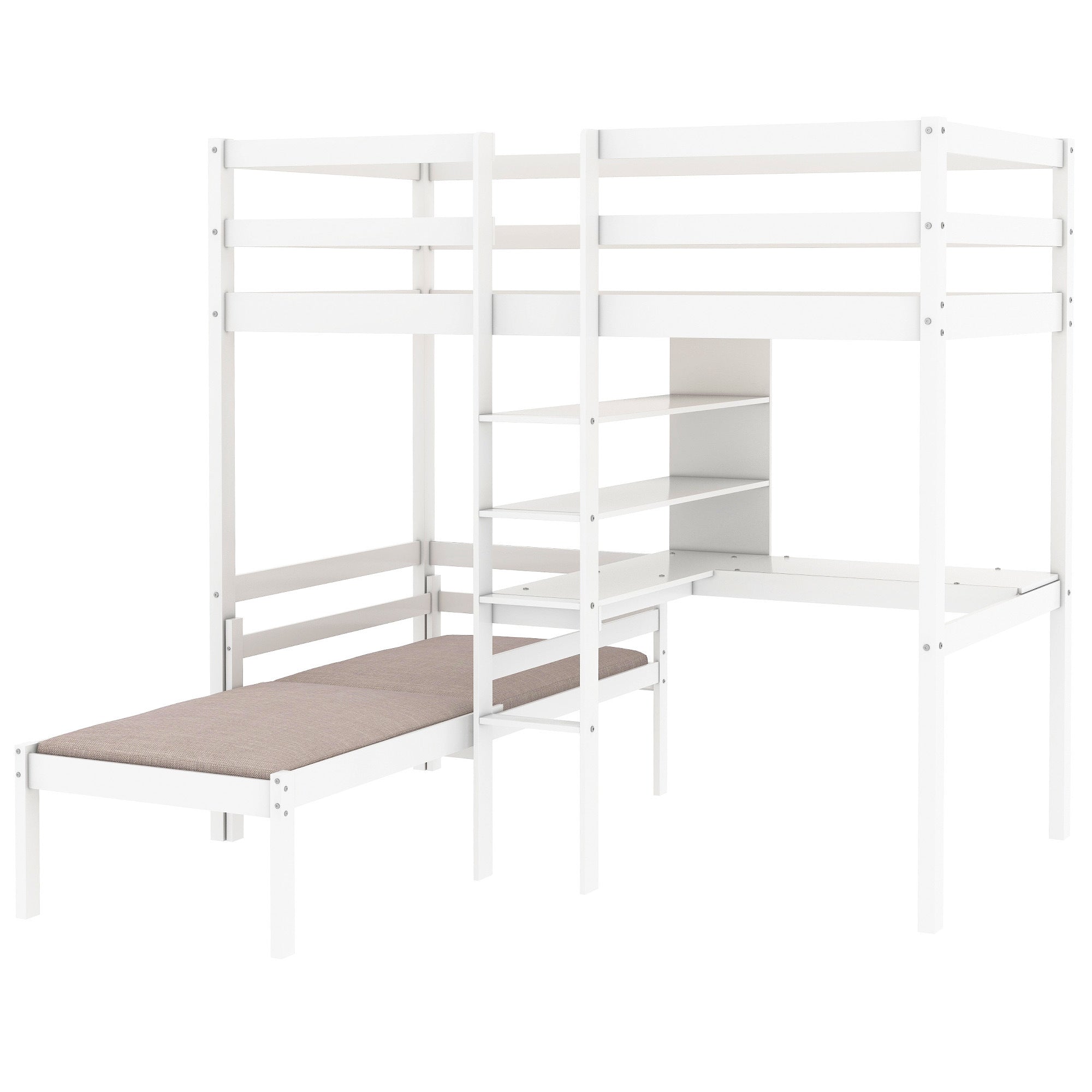 Convertible Loft Bed with L-Shape Desk, Twin Bunk Bed with Shelves and Ladder