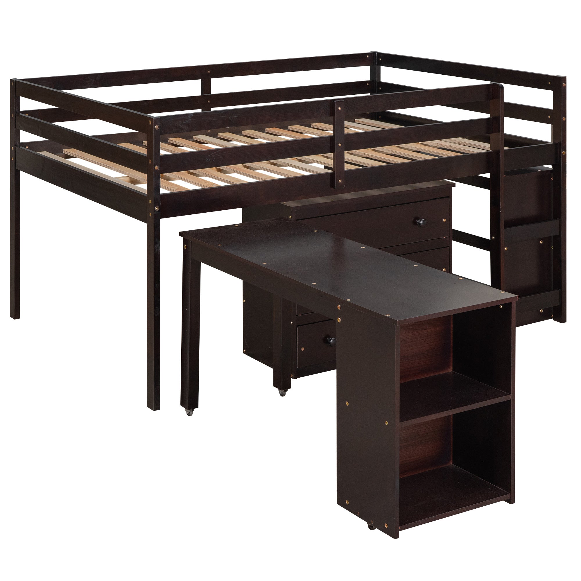 Low Study Full Loft Bed with Cabinet ; Shelves and Rolling Portable Desk ; Multiple Functions Bed