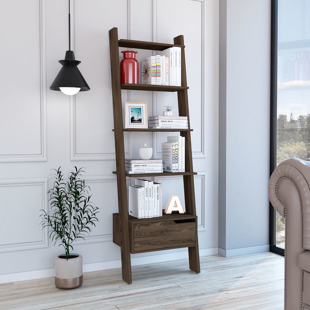 New Haven 1-Drawer 4-Shelf Ladder Bookcase Dark Walnut