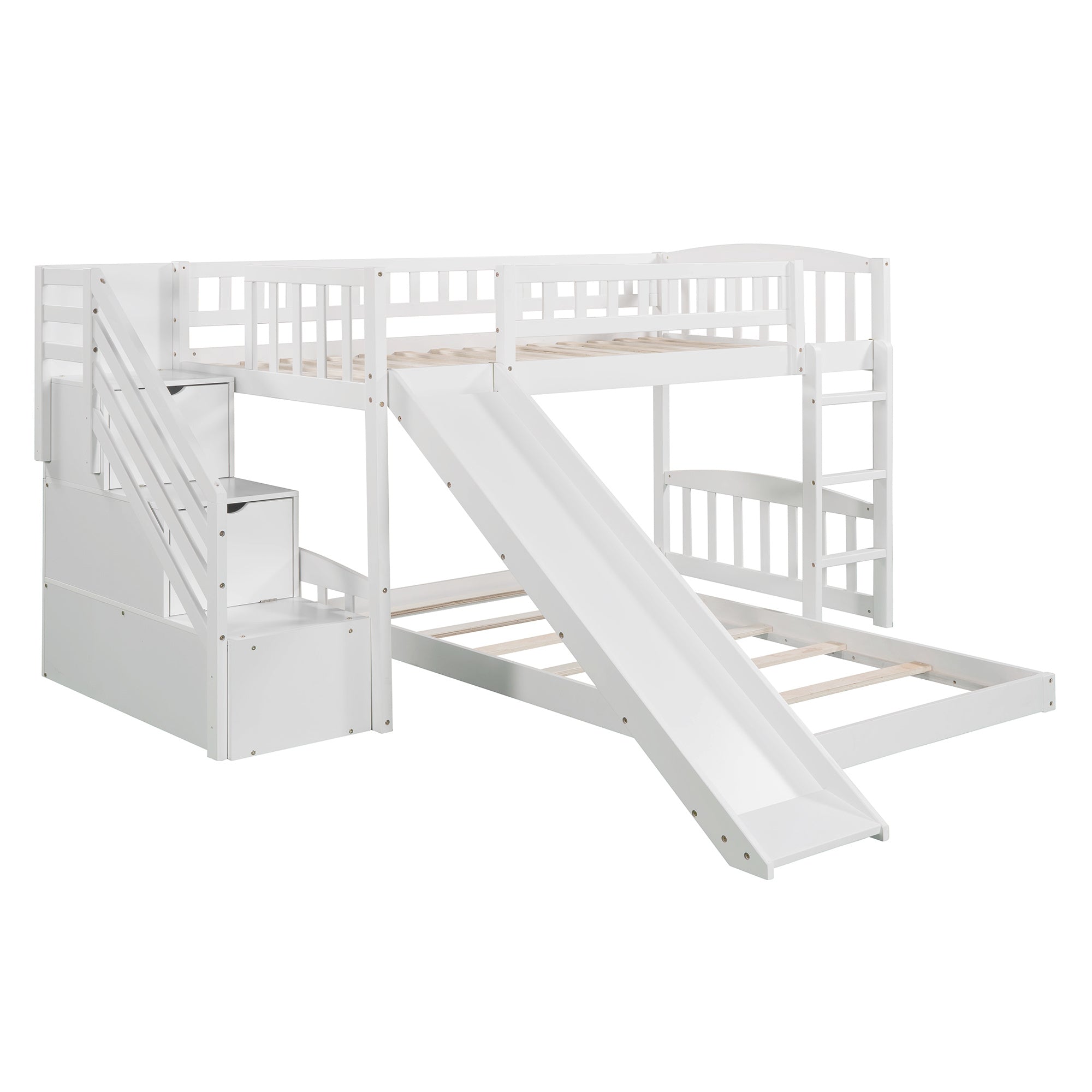 Stairway Twin over Twin Bunk Bed with Two Drawers and Slide