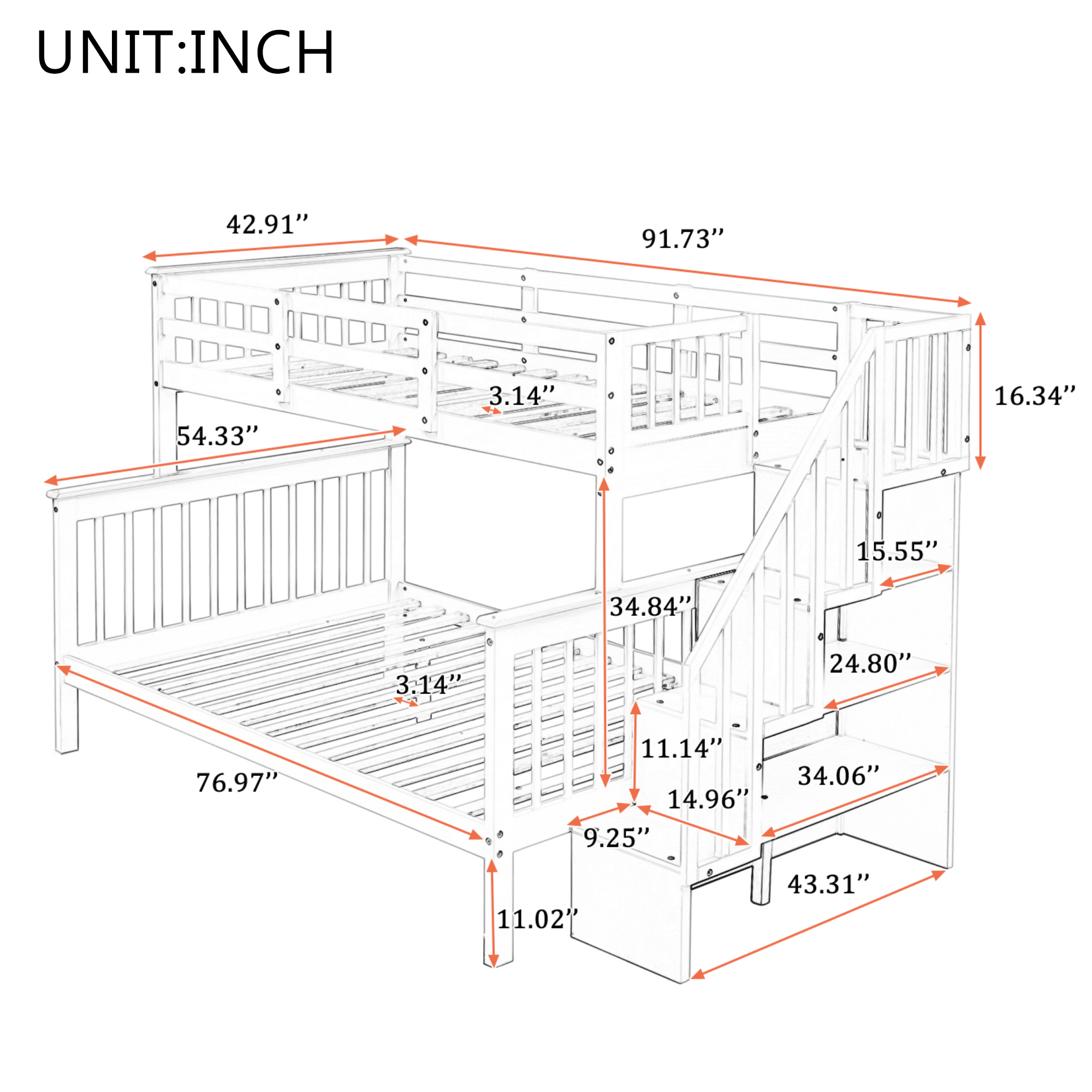 Stairway Twin-Over-Full Bunk Bed with Storage and Guard Rail for Bedroom