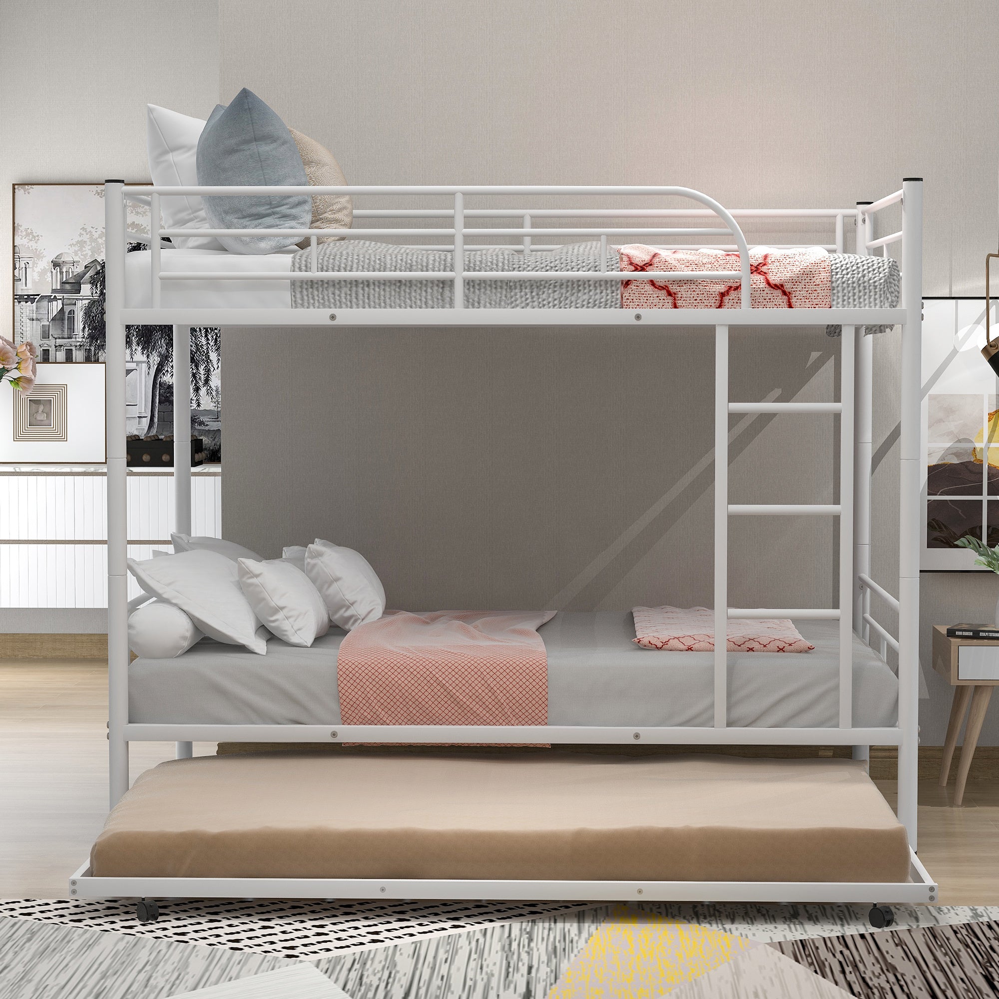 Twin-Over-Twin Metal Bunk Bed With Trundle,Can be Divided into two beds,No Box Spring needed