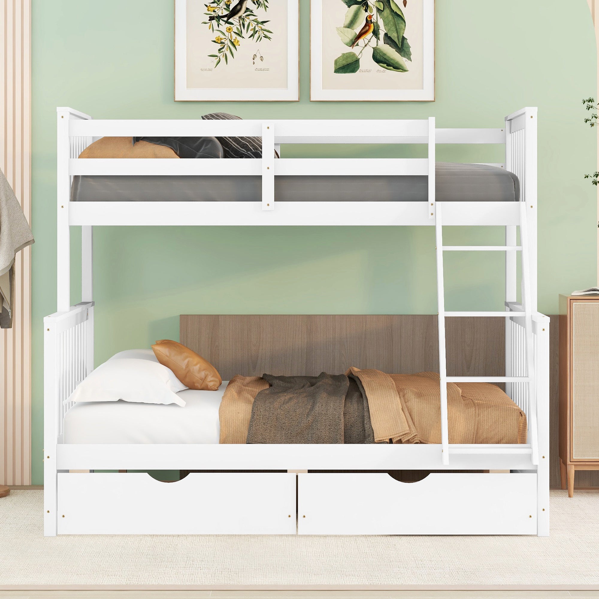 Twin-Over-Full Bunk Bed with Ladders and Two Storage Drawers