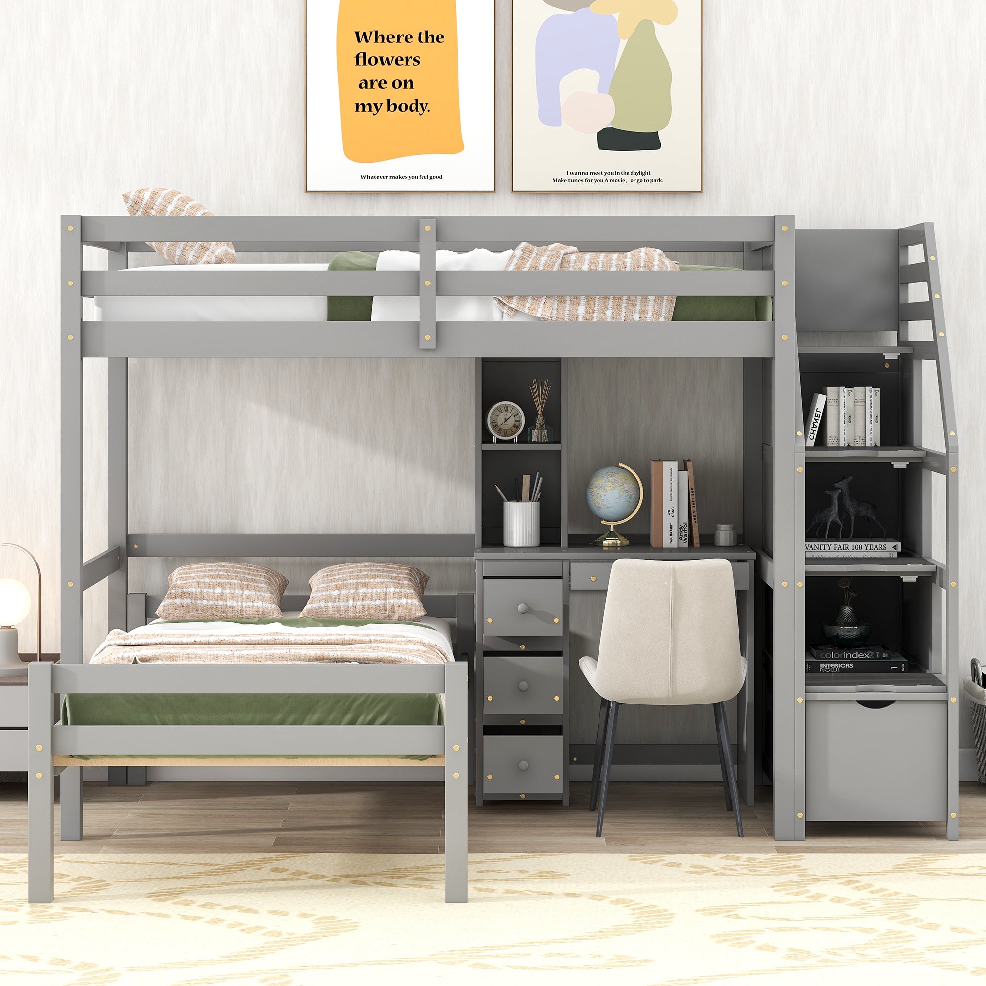 Twin Size Loft Bed with a Stand-alone Bed;  Storage Staircase;  Desk;  Shelves and Drawers