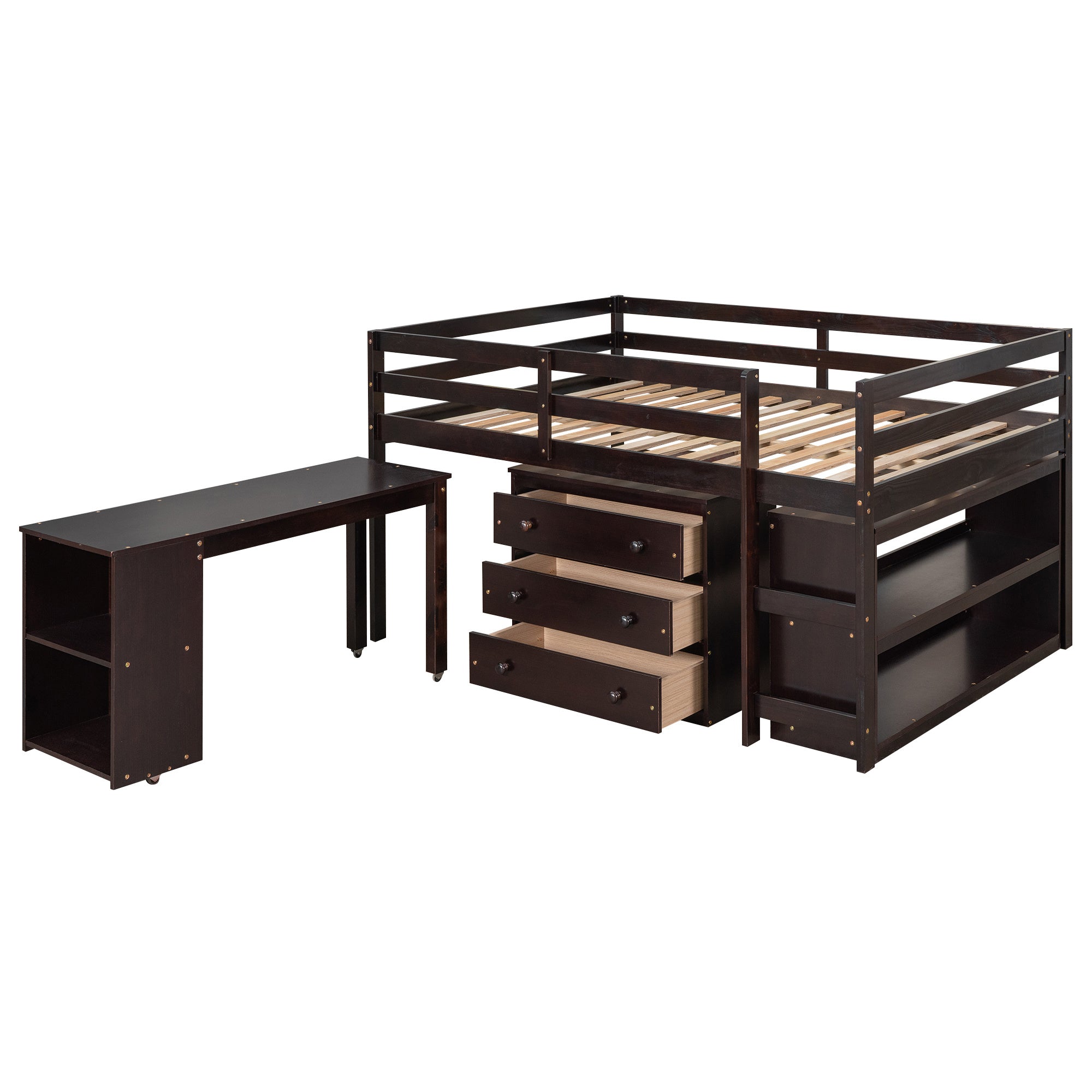 Low Study Full Loft Bed with Cabinet ; Shelves and Rolling Portable Desk ; Multiple Functions Bed