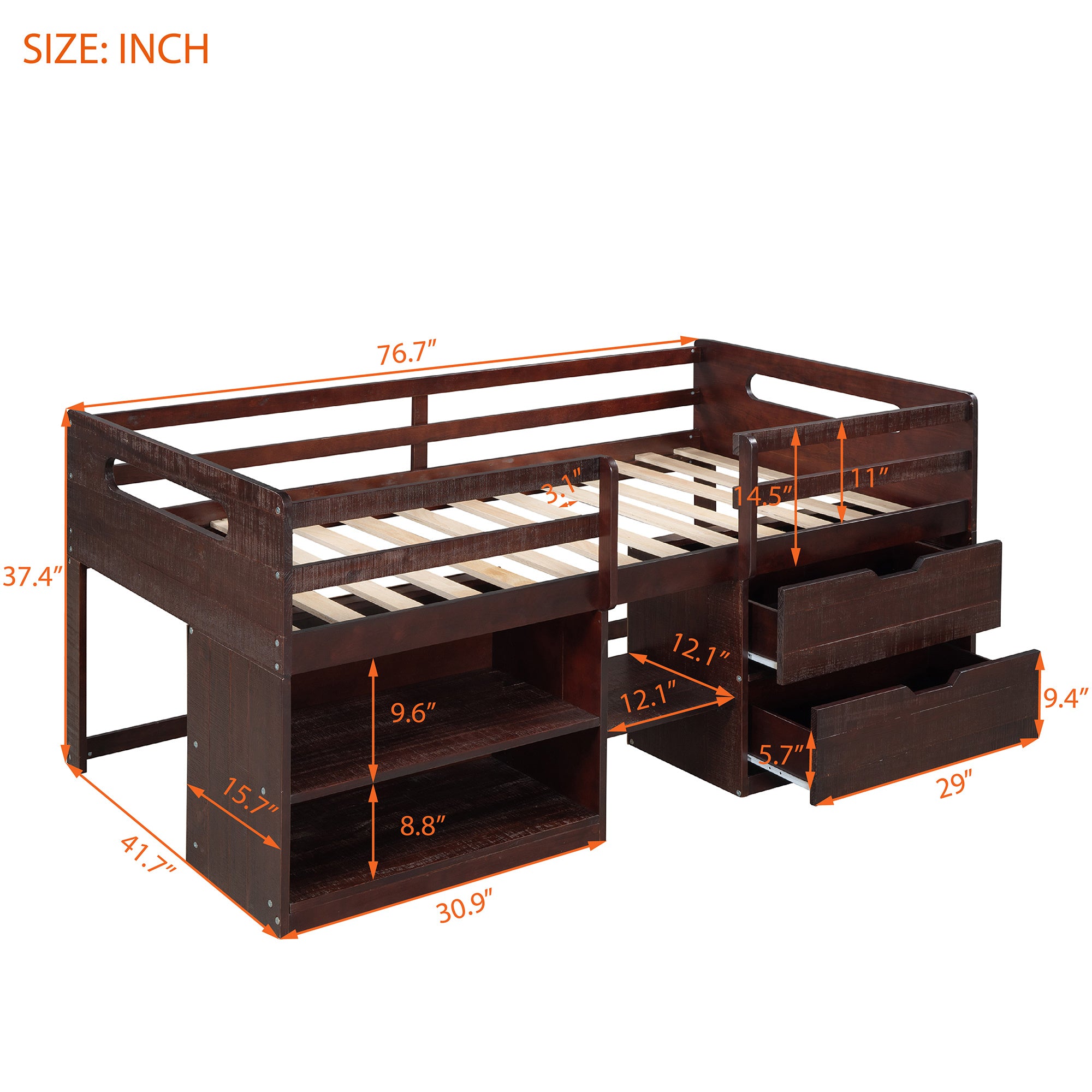 Twin size Loft Bed with Two Shelves and Two drawers