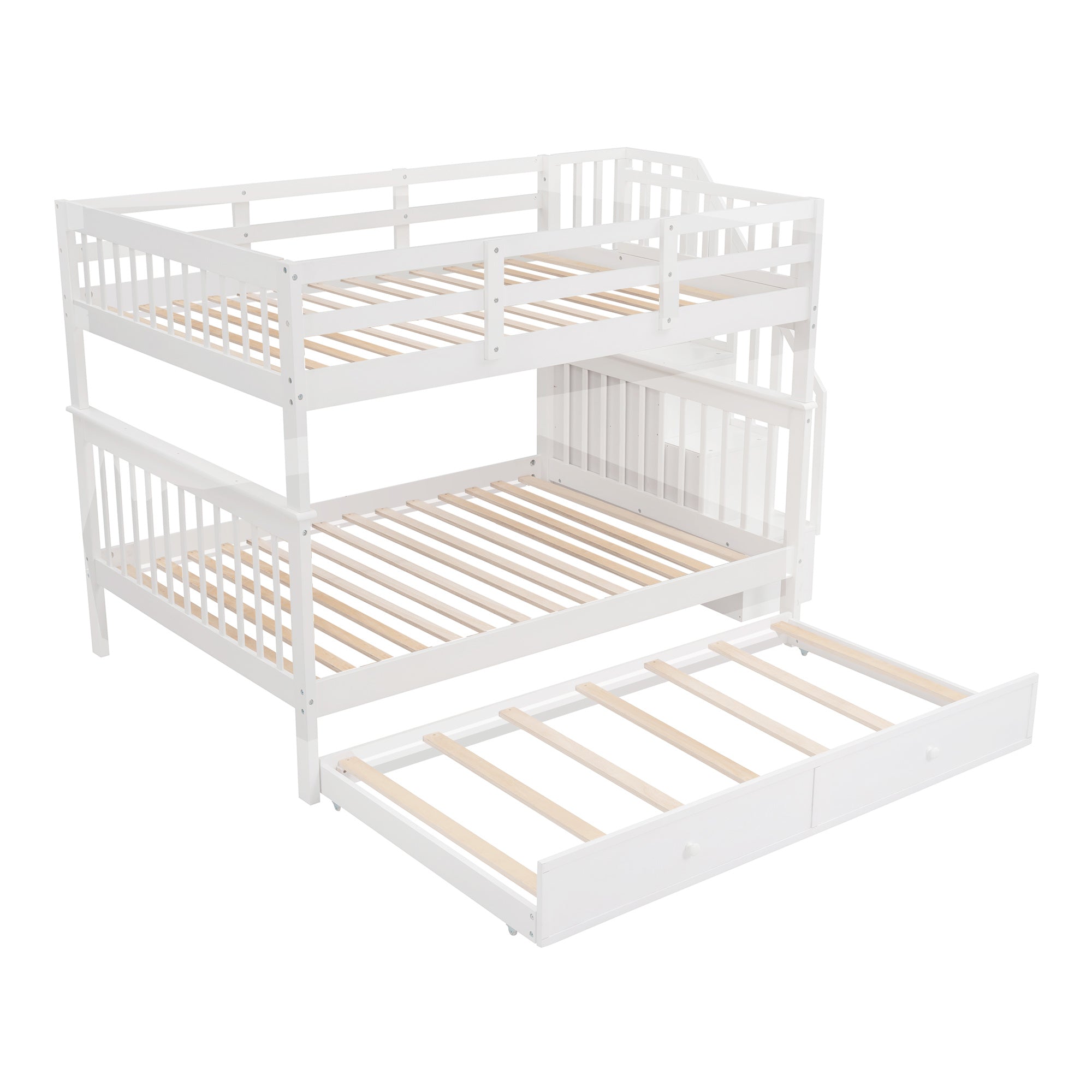 Stairway Full-Over-Full Bunk Bed with Twin size Trundle;  Storage and Guard Rail for Bedroom;  Dorm