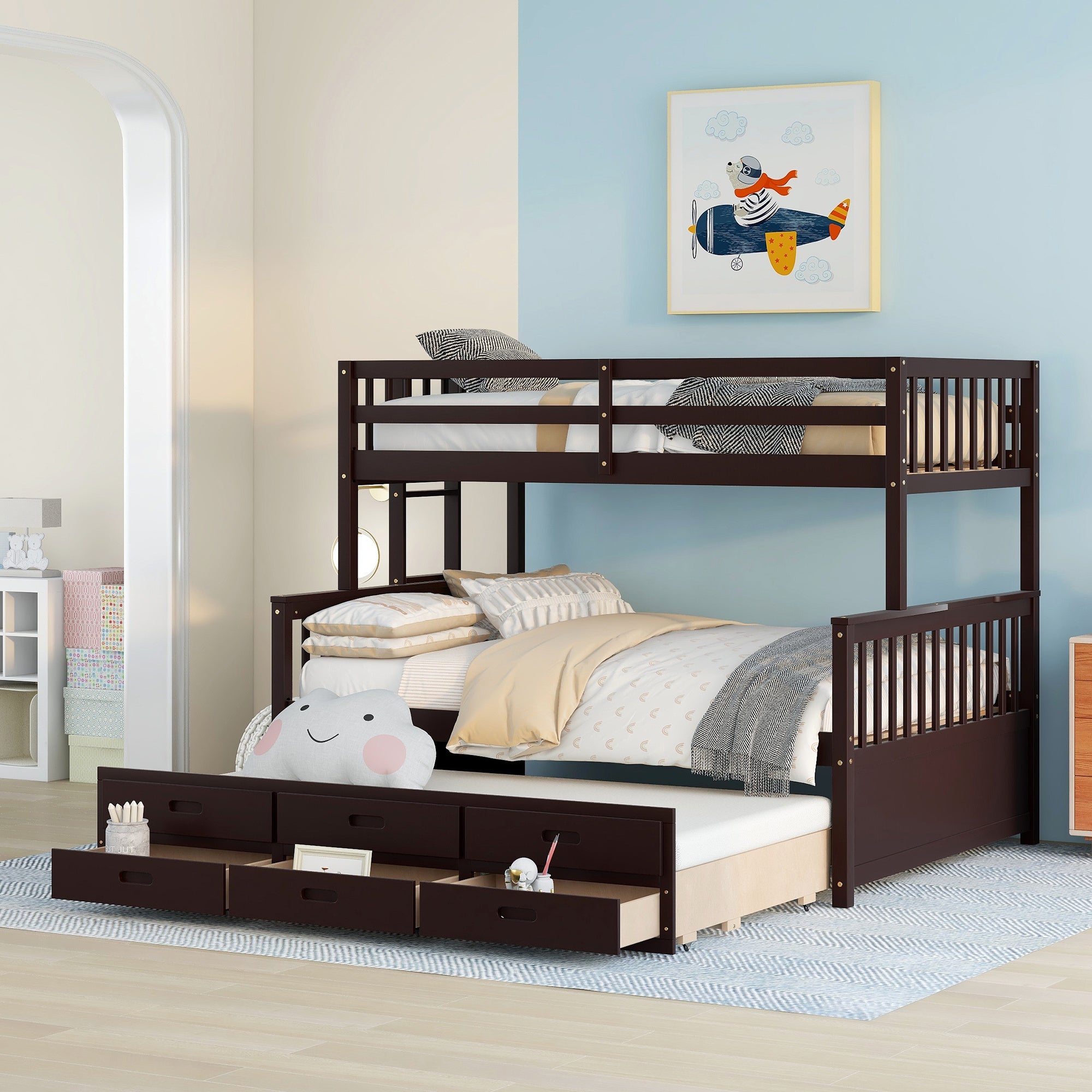 Twin-Over-Full Bunk Bed with Twin size Trundle ;  Separable Bunk Bed with Drawers for Bedroom