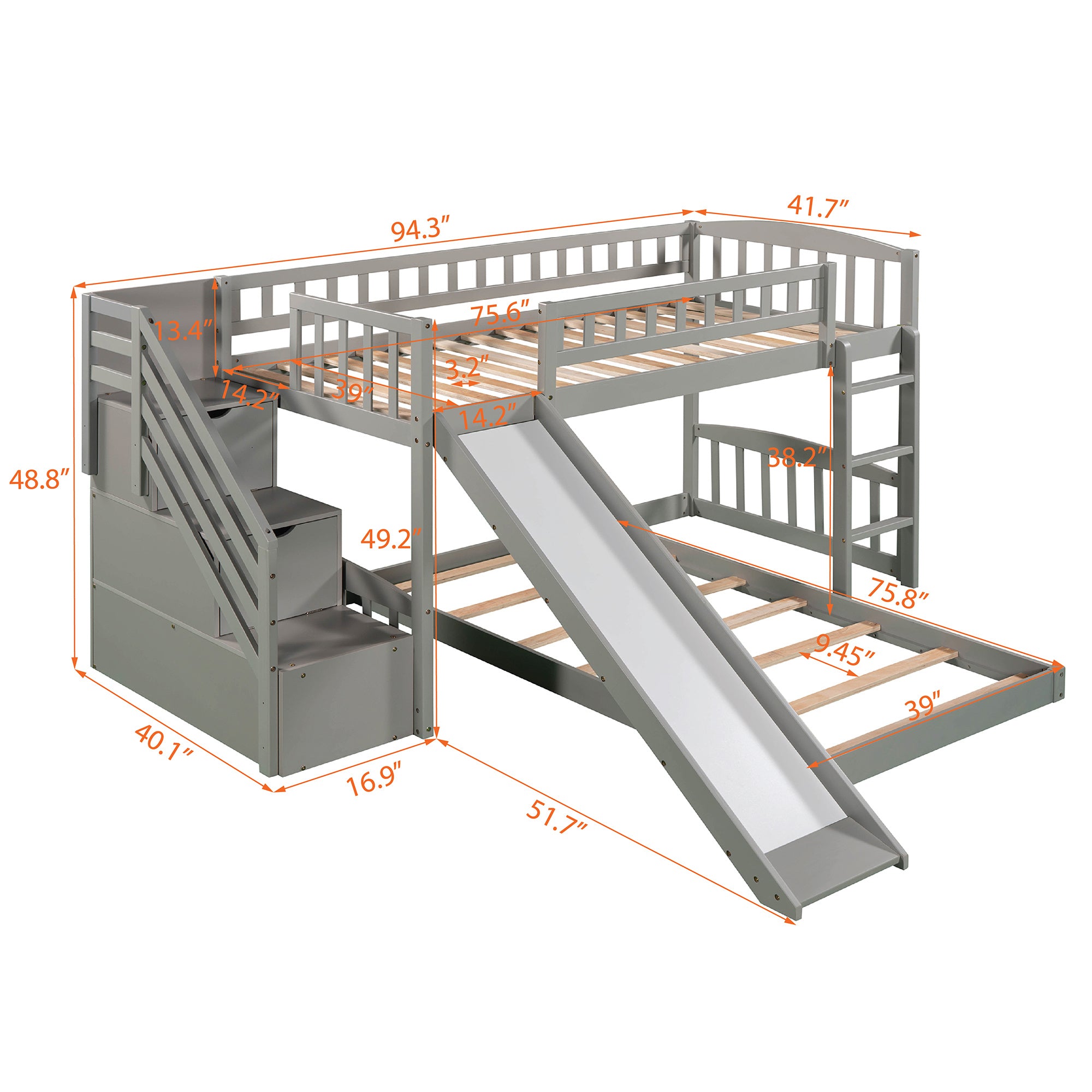 Stairway Twin over Twin Bunk Bed with Two Drawers and Slide