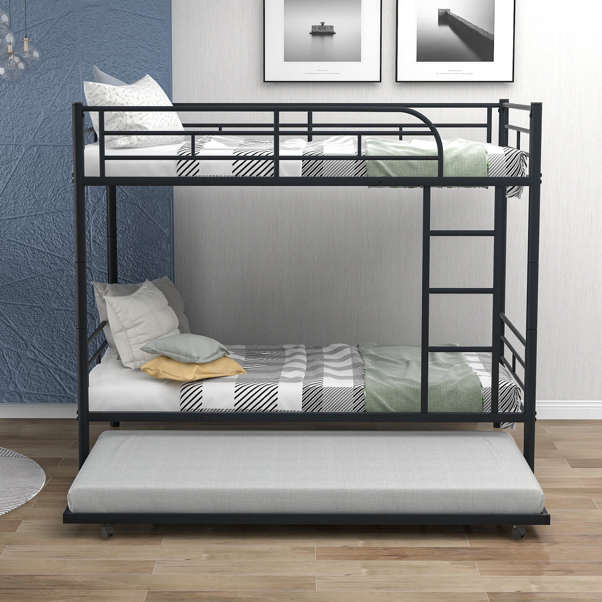 Twin-Over-Twin Metal Bunk Bed With Trundle,Can be Divided into two beds,No Box Spring needed