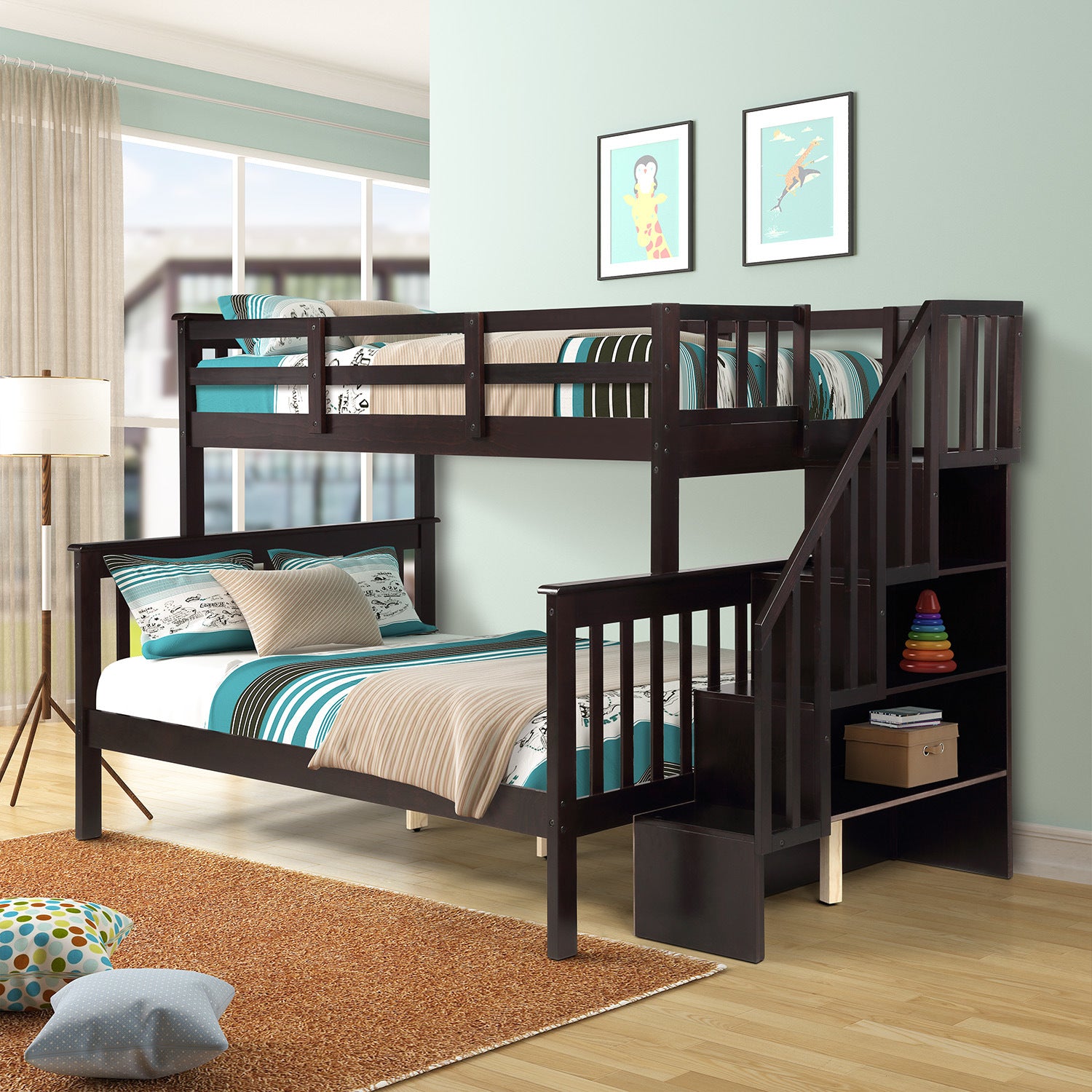 Stairway Twin-Over-Full Bunk Bed with Storage and Guard Rail for Bedroom