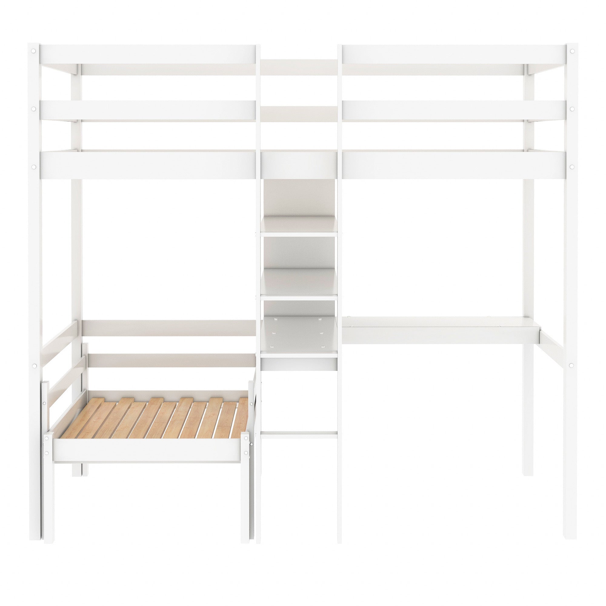 Convertible Loft Bed with L-Shape Desk, Twin Bunk Bed with Shelves and Ladder