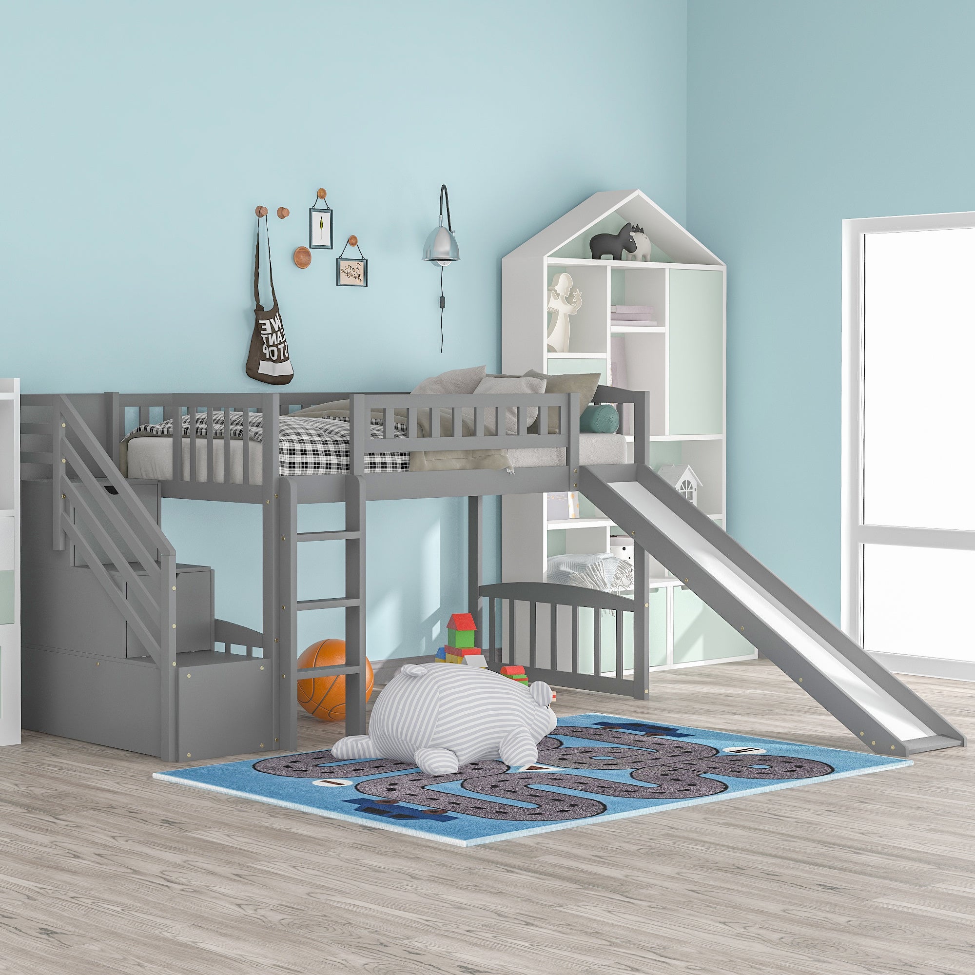 Stairway Twin Size Loft Bed with Two Drawers and Slide