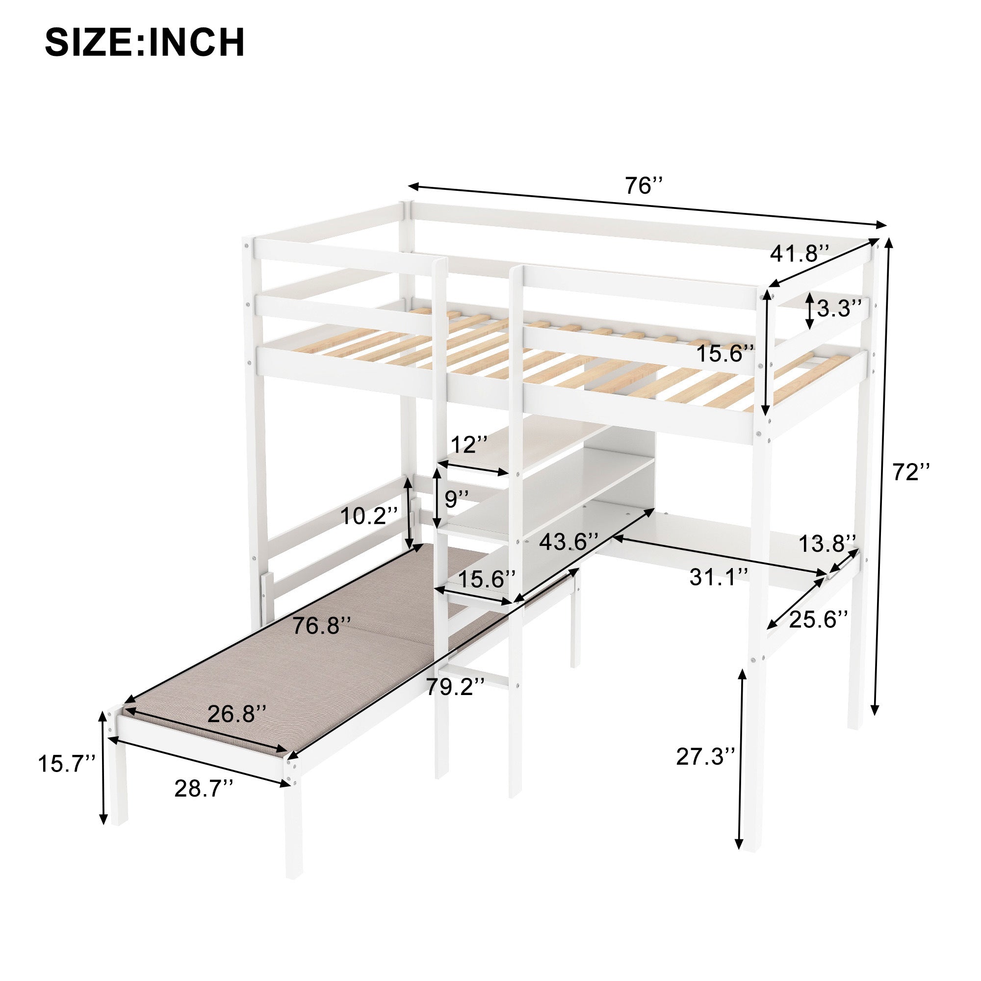 Convertible Loft Bed with L-Shape Desk, Twin Bunk Bed with Shelves and Ladder